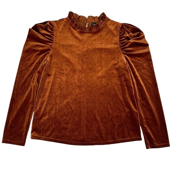 Shein Clasi Frill Trim Puff Sleeve Velvet Blouse Rust Brown Burnt Orange - Picture 3 of 10